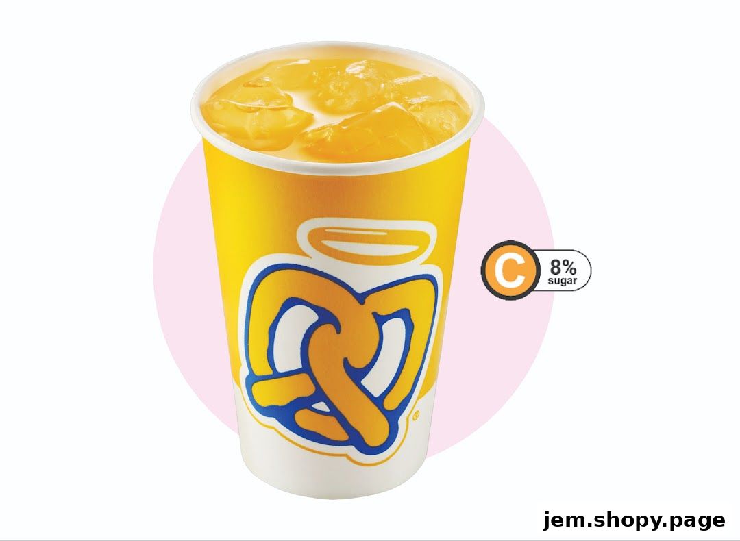 A refreshing orange drink with ice in a branded Auntie Anne's cup.