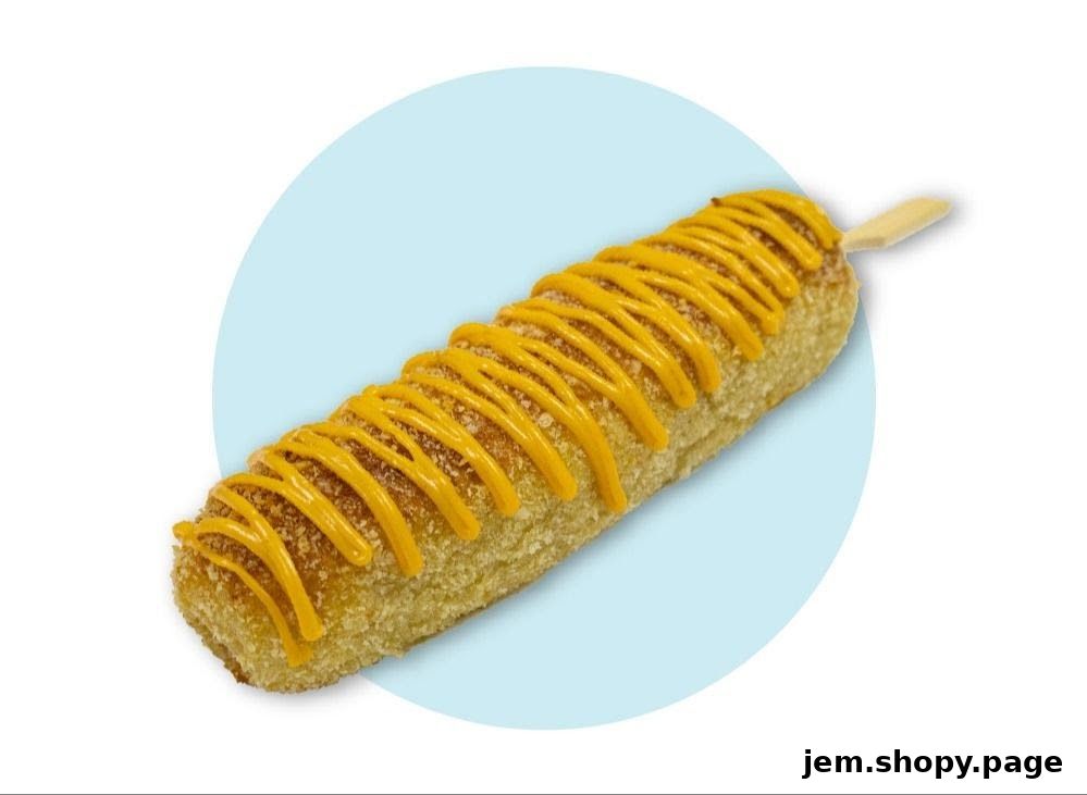 A pretzel dog with cheese drizzle on a stick, against a light blue circle.
