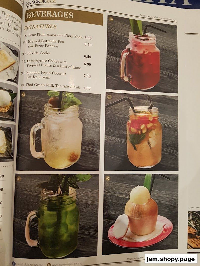 A menu page from Bangkok Jam featuring a selection of signature beverages with prices and images.