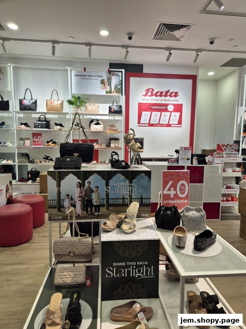 Interior view of a Bata shoe store showcasing handbags, shoes, and promotional displays.