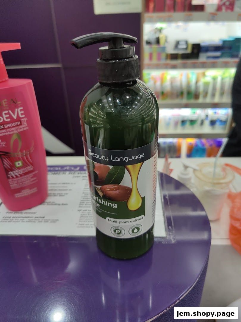 A bottle of nourishing hair conditioner from Beauty Language with multi-plant extract.