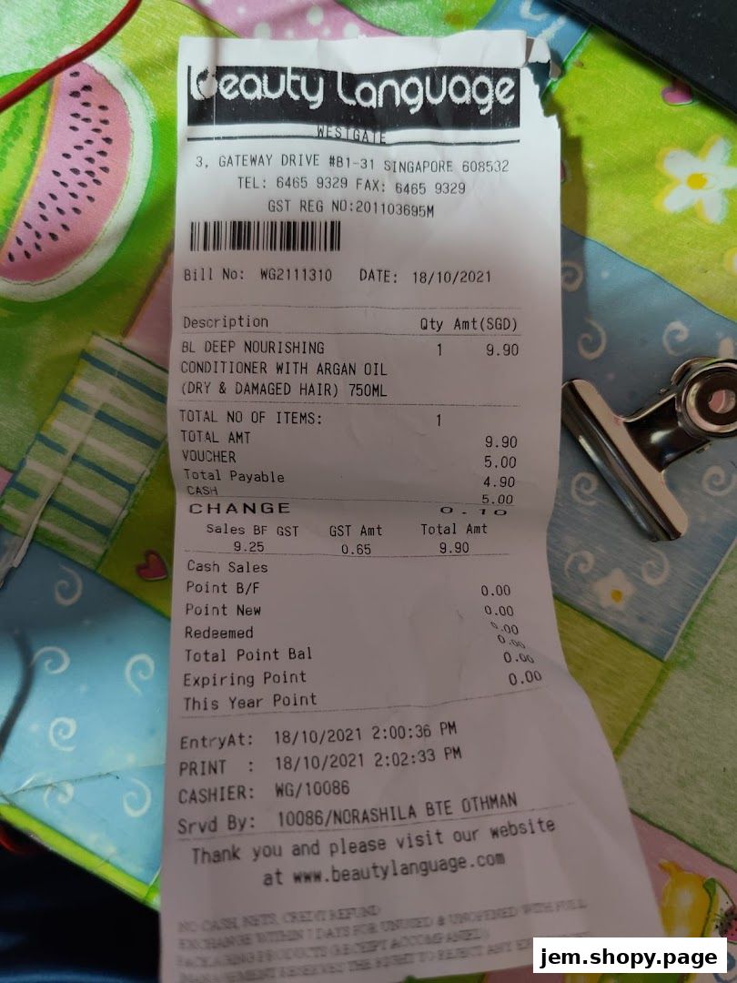 A receipt from Beauty Language showing a purchase of conditioner.