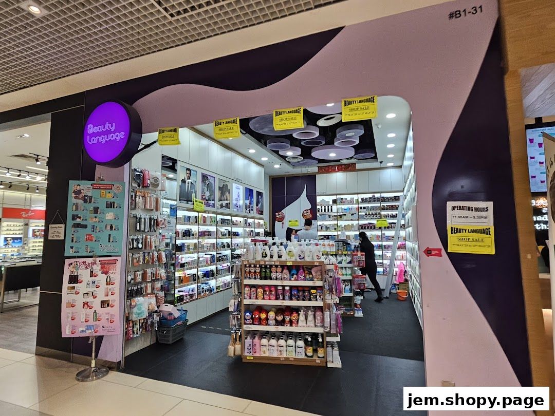 The entrance of Beauty Language, a cosmetics store, with products displayed inside and outside.