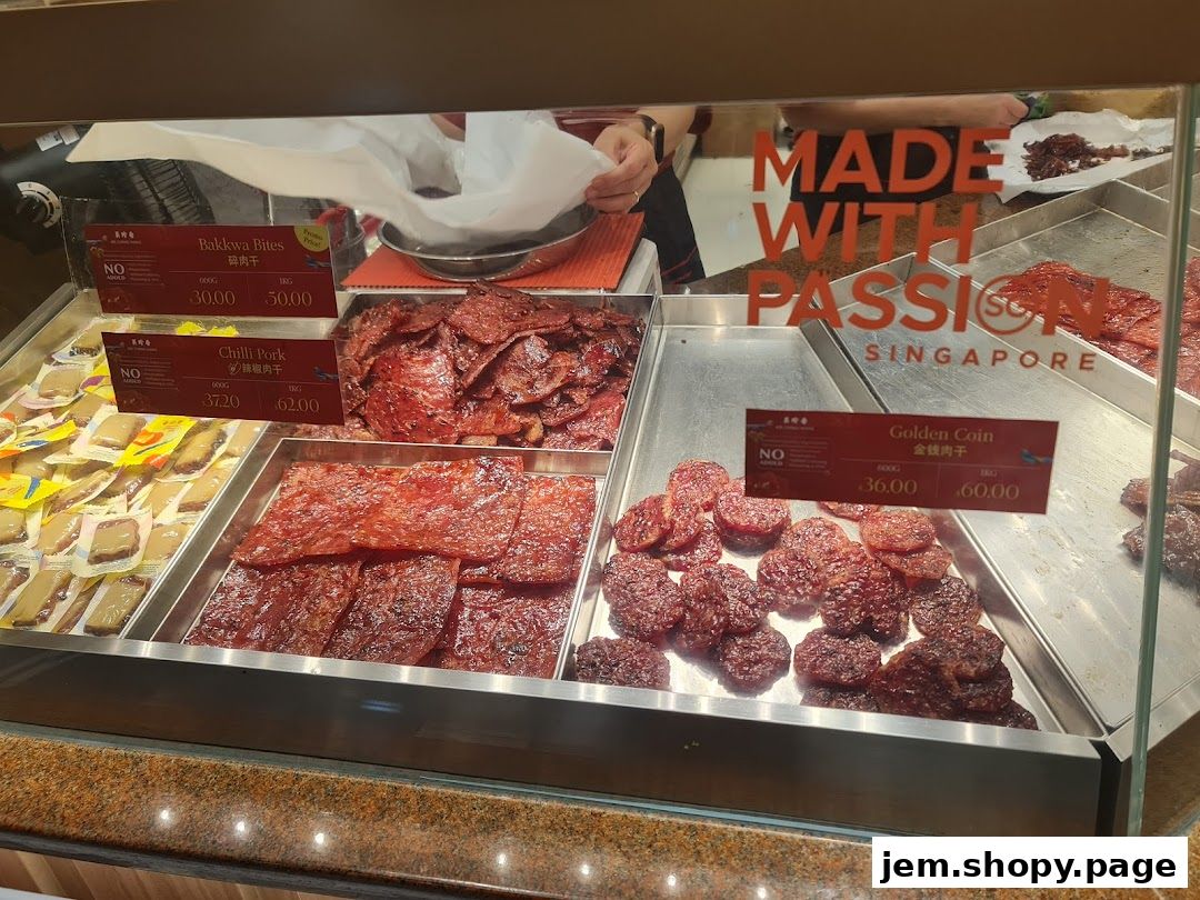 A display of various types of bak kwa and meat snacks at Bee Cheng Hiang.