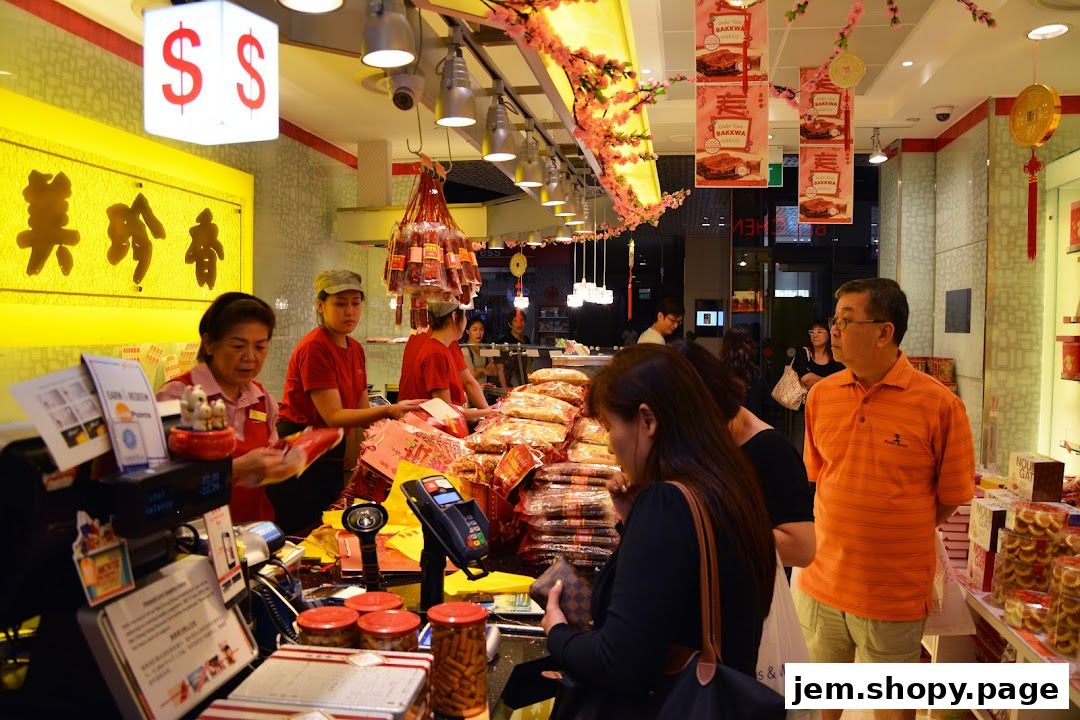 Customers shop for bak kwa and other treats at Bee Cheng Hiang.