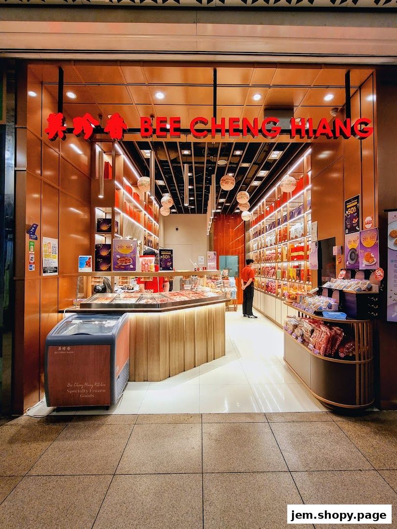 The exterior of Bee Cheng Hiang, a shop selling specialty frozen goods and meat products.