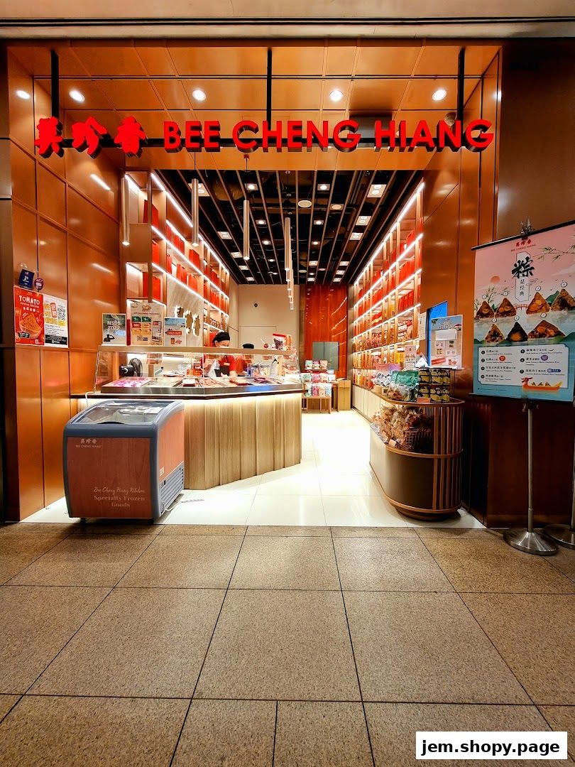 Exterior view of Bee Cheng Hiang, a shop selling meat products, with a display freezer and shelves of goods.