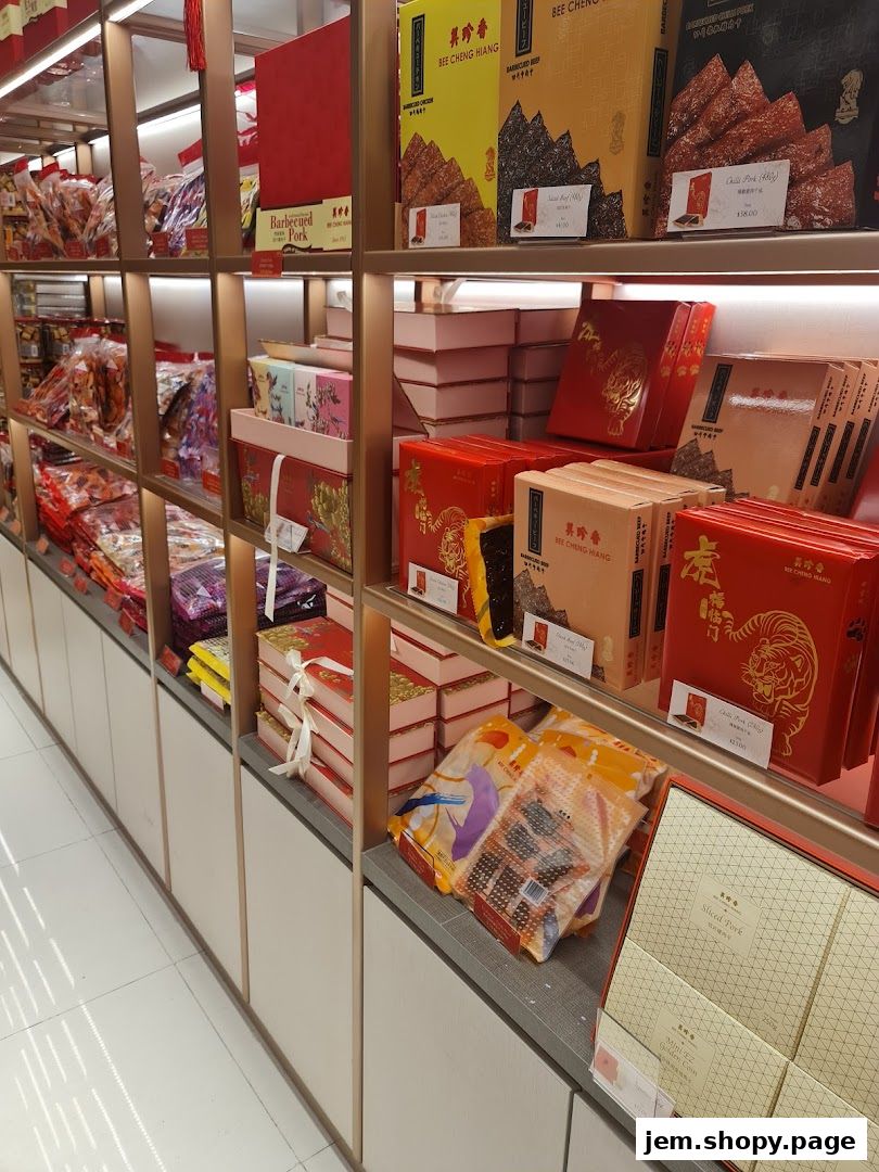 Shelves stocked with various gift boxes and packaged meat products from Bee Cheng Hiang.