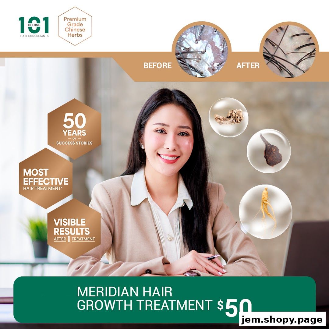 A woman smiles with hair treatment ingredients and before/after scalp images.