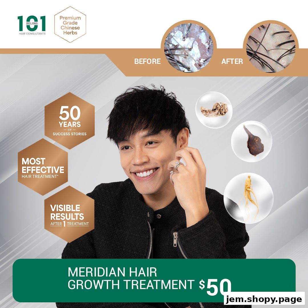 Man smiling with hair treatment before and after images, and ingredients.