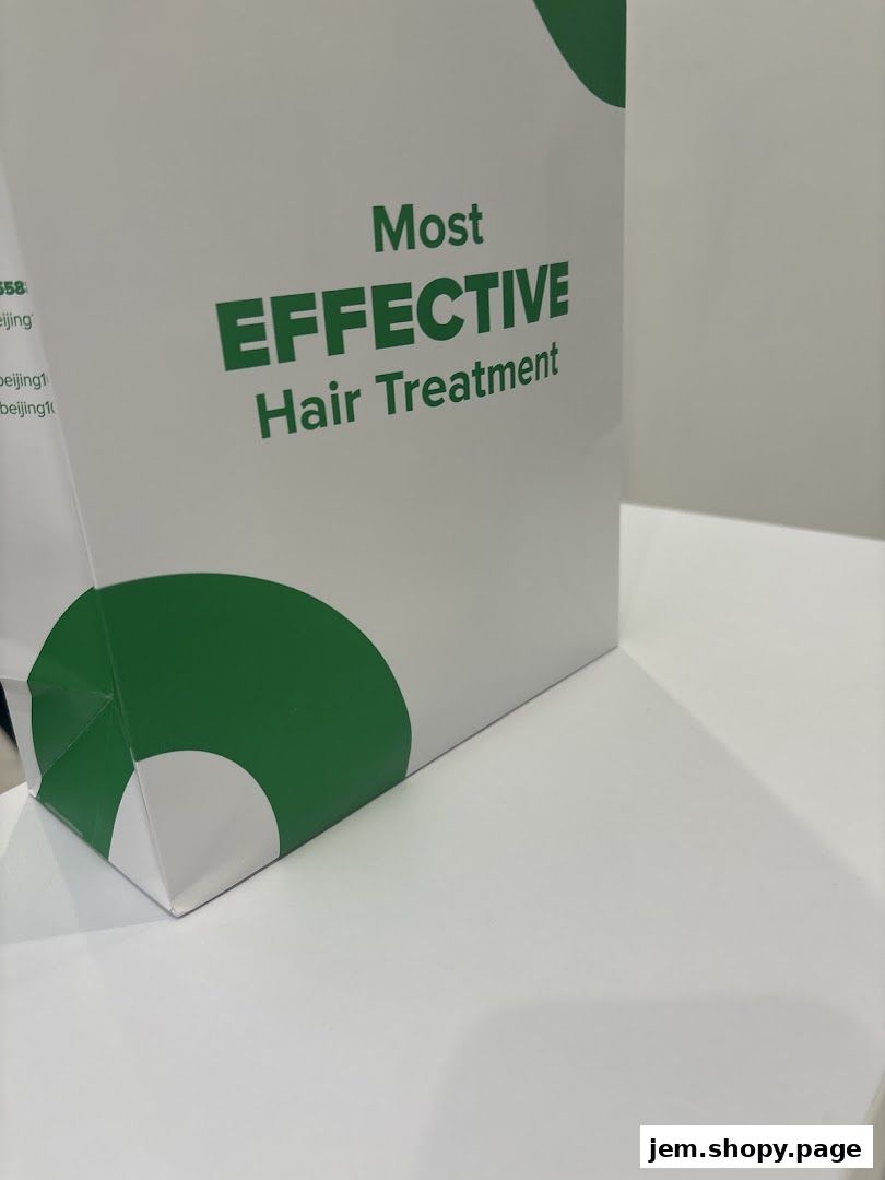 A white bag with green text promoting 'Most EFFECTIVE Hair Treatment'.