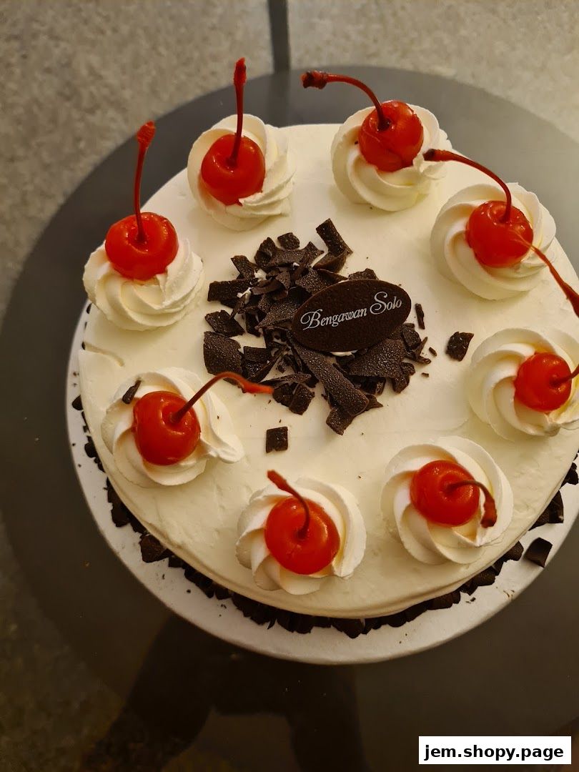 A delicious cake from Bengawan Solo, decorated with whipped cream, cherries, and chocolate shavings.