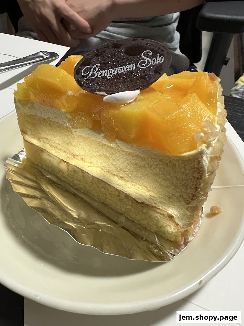 A slice of layered cake topped with fresh mango and a chocolate garnish from Bengawan Solo.