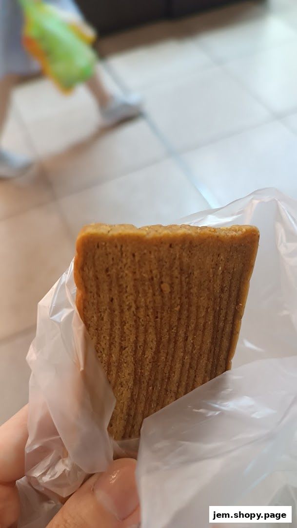 A hand holds a slice of layered cake wrapped in plastic.