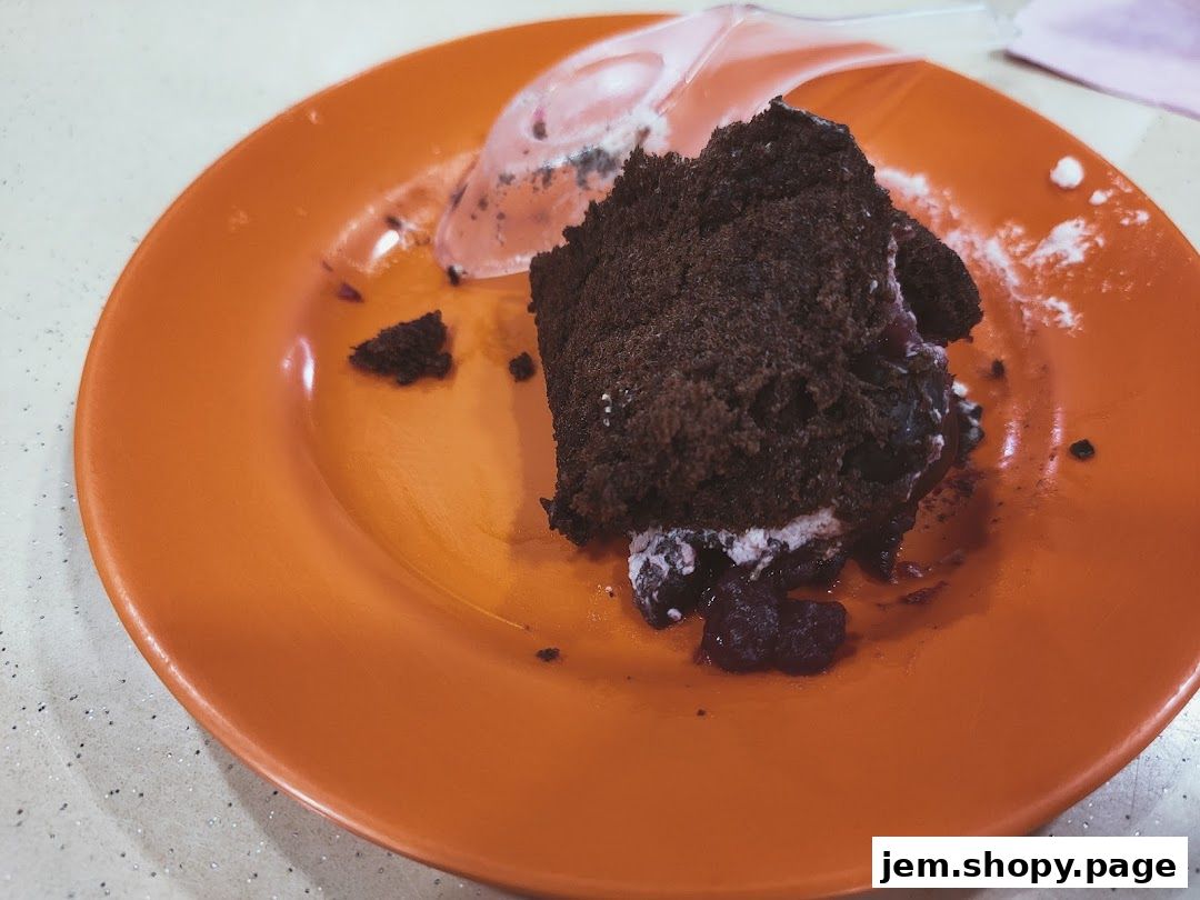 A slice of dark chocolate cake with cream and berry filling on an orange plate.