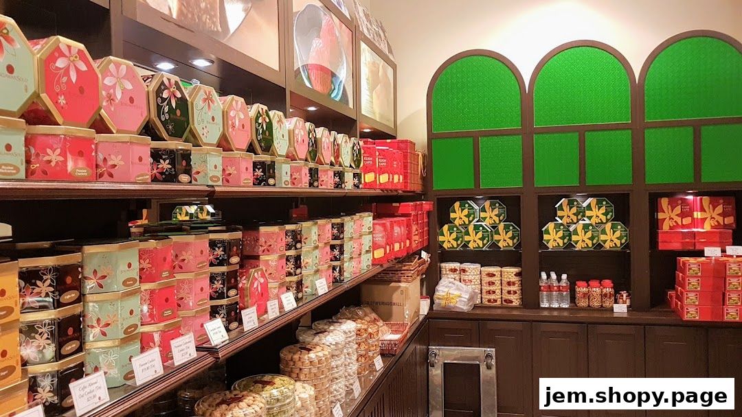 Shelves filled with decorative tins and boxes of cookies and snacks.