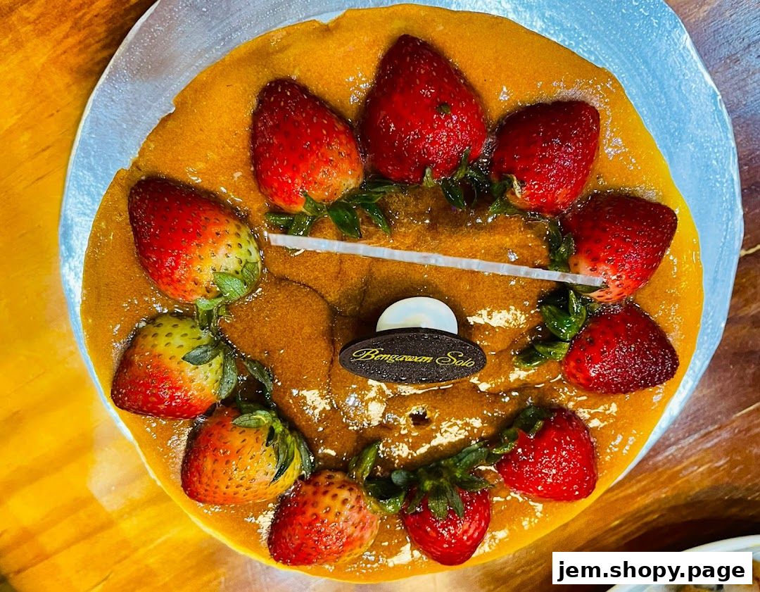 A delicious cake topped with fresh strawberries and the Bengawan Solo logo.