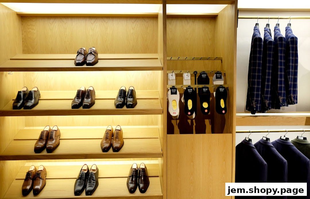 A well-lit display of men's dress shoes and suits in a retail store.