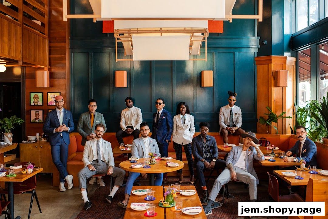A diverse group of stylish individuals posing in a well-decorated restaurant setting.