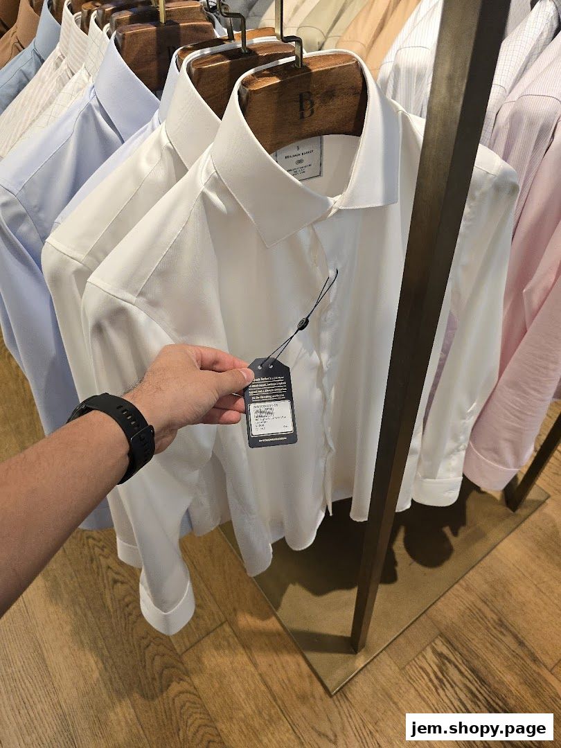 A hand holds a tag on a white dress shirt displayed on a hanger.