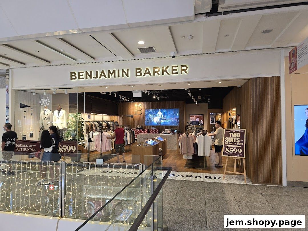 Benjamin Barker store interior showcasing suits, shirts, and a special offer.