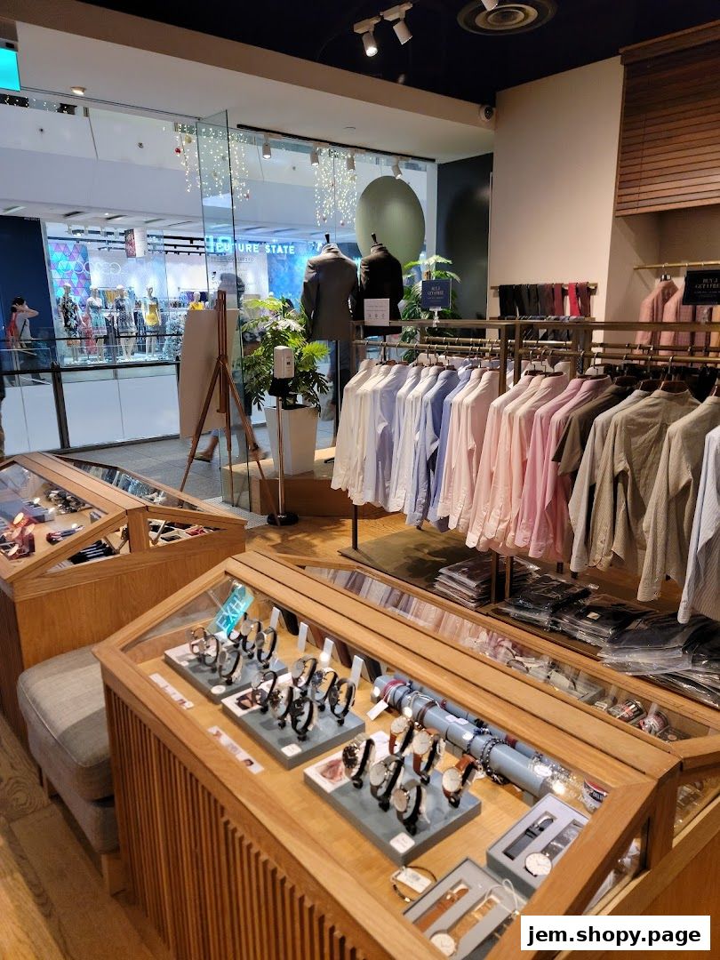 Interior view of Benjamin Barker, JEM, showcasing men's shirts, suits, and watches.