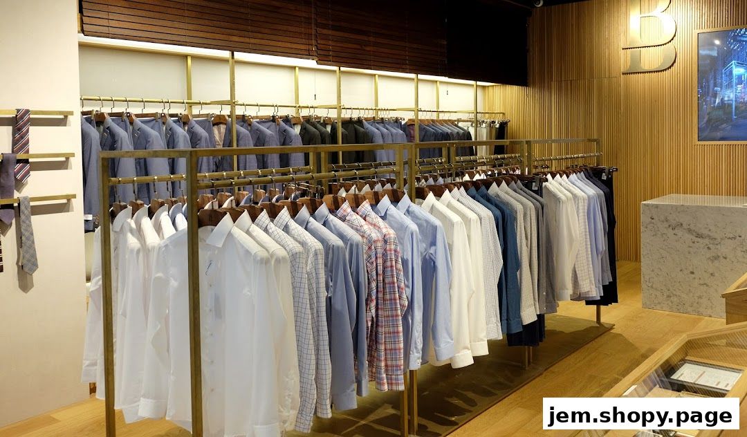 Interior view of a men's clothing store with suits and shirts on display.