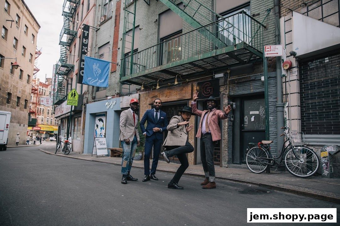 Four stylishly dressed men pose outside a shop on a city street.