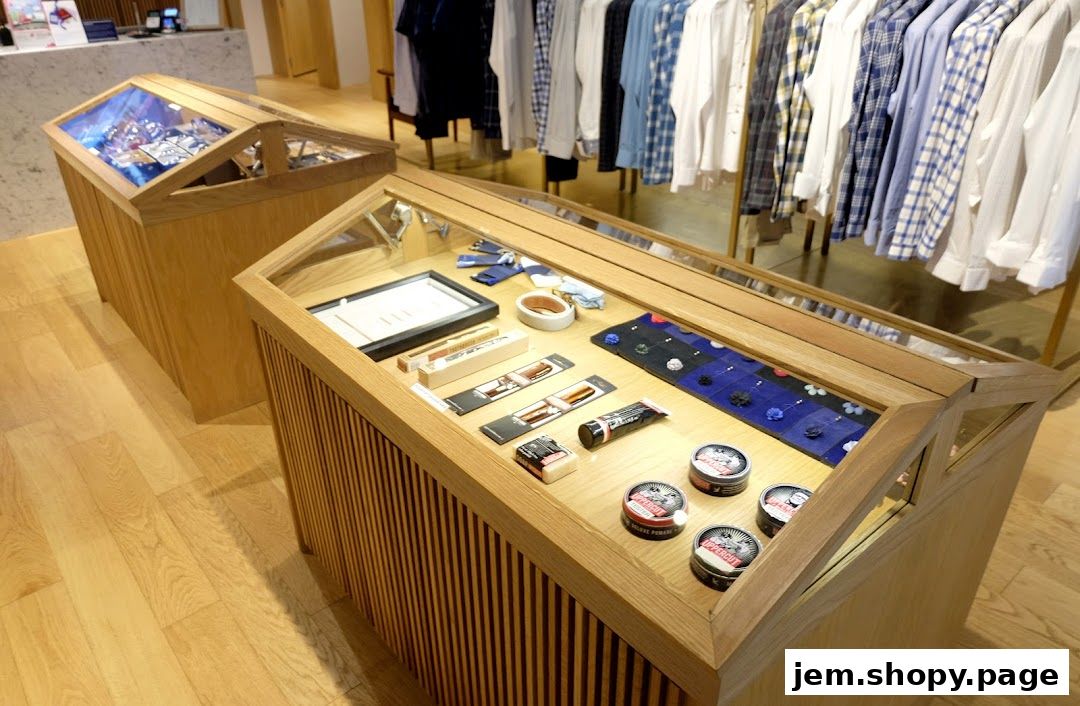 Display cases with men's accessories and shirts hanging in the background.