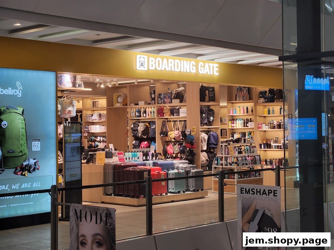 The exterior of the 'Boarding Gate' shop, showcasing travel accessories, bags, and luggage.