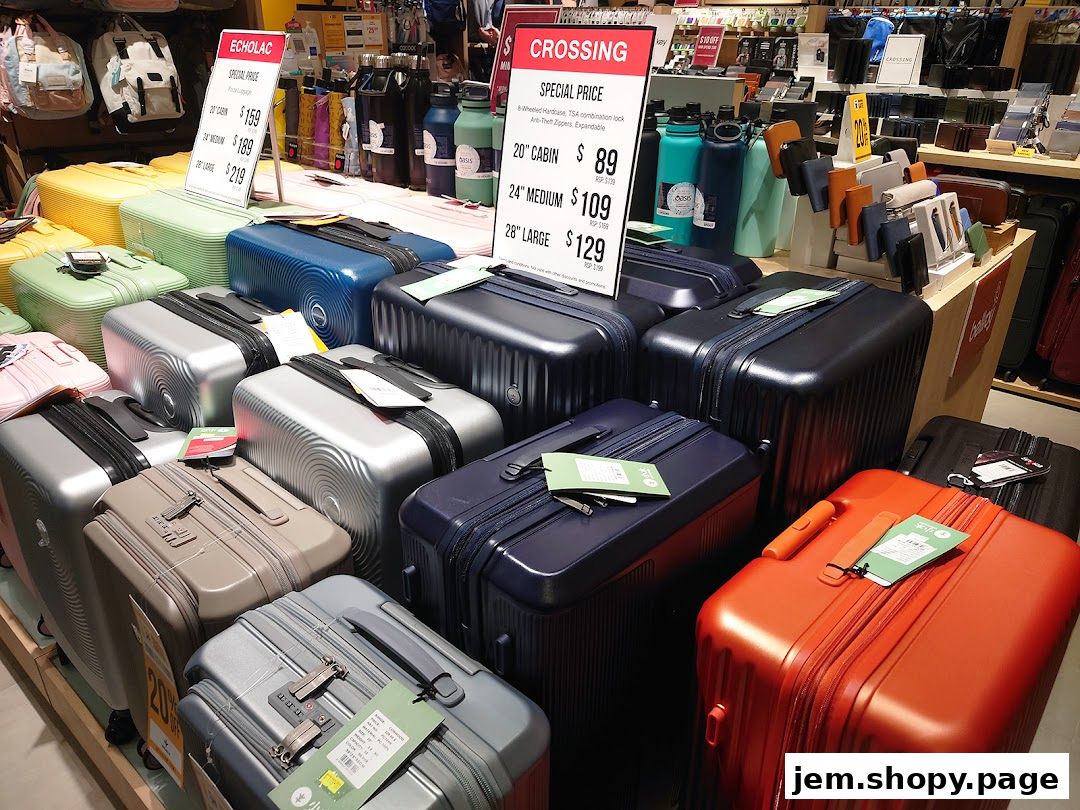 A display of various suitcases in different colors and sizes, with price tags and promotional signs.