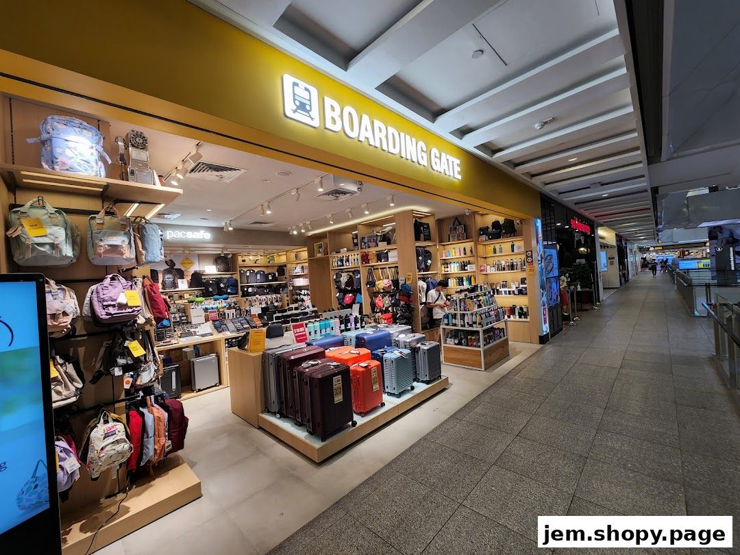 The exterior of the 'Boarding Gate' shop, showcasing luggage, backpacks, and travel accessories.
