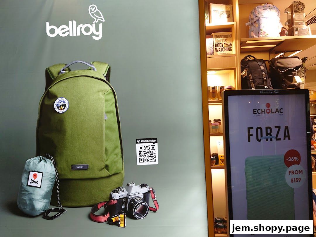 Bellroy backpack and accessories displayed with a vintage camera and a digital advertisement.