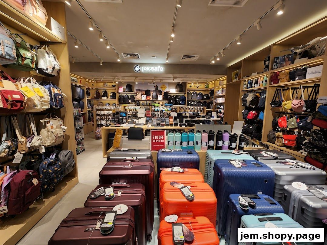 Interior view of a retail store showcasing a wide selection of luggage, backpacks, and travel accessories.
