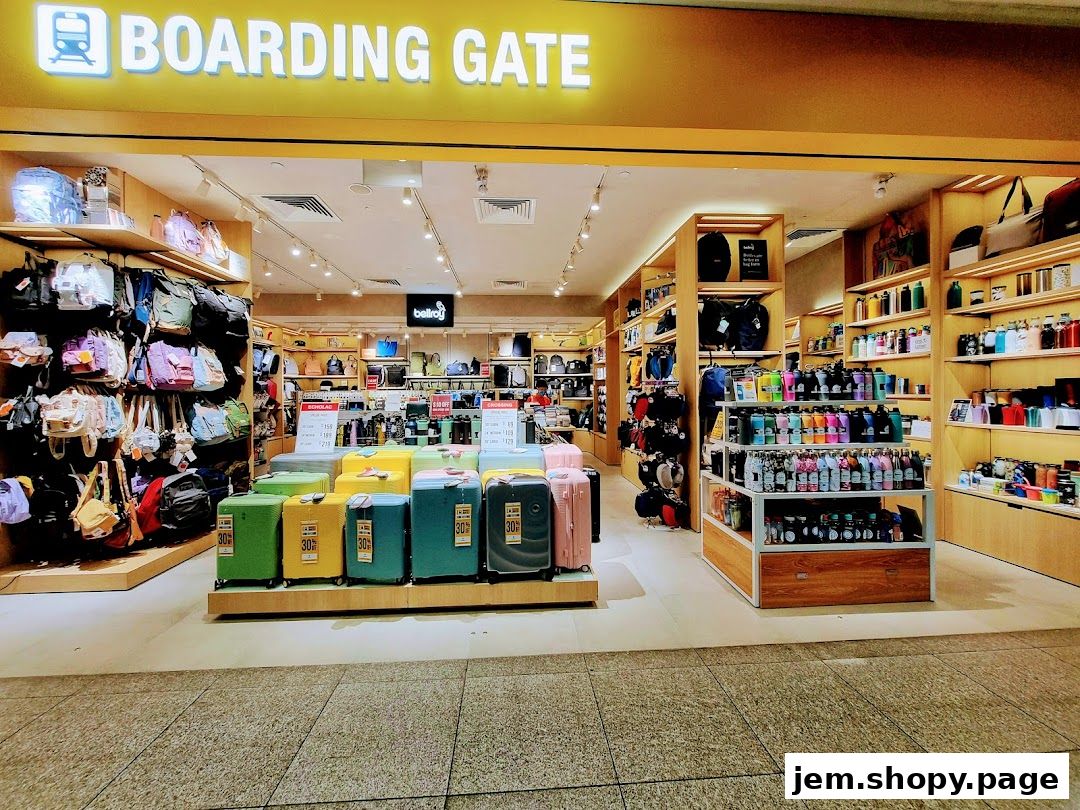 Boarding Gate shop interior displaying a wide selection of bags, luggage, and travel accessories.