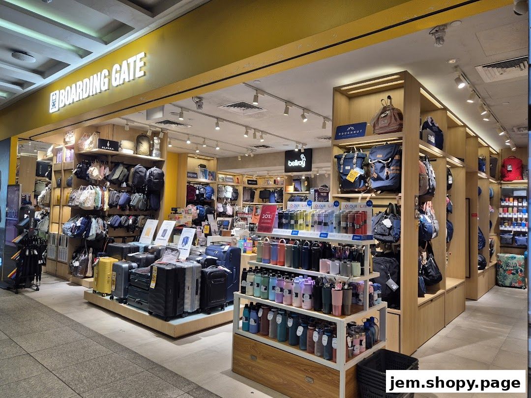 Interior view of Boarding Gate shop showcasing luggage, backpacks, and travel accessories.