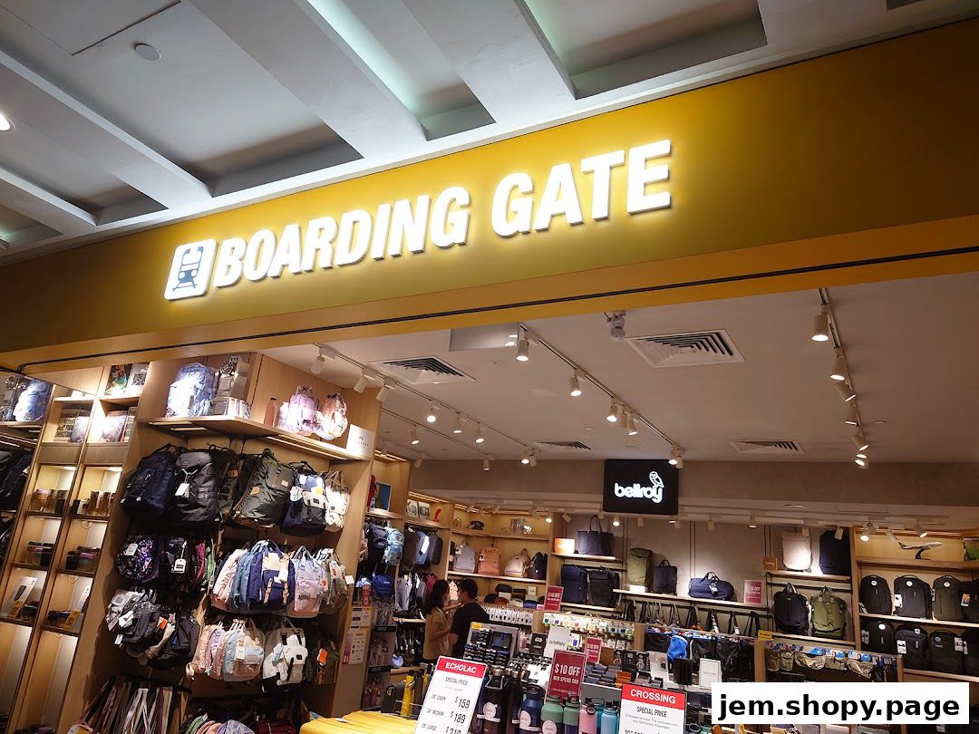 The exterior of the 'Boarding Gate' shop, showcasing a wide selection of backpacks and travel bags.