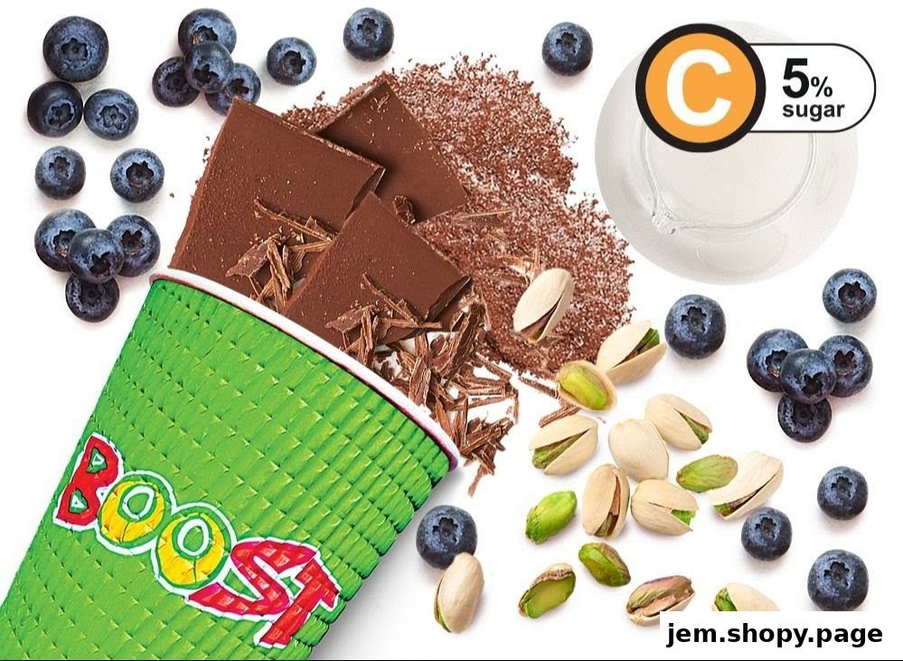 A Boost Juice cup with chocolate, blueberries, and pistachios, highlighting 5% sugar and Vitamin C.
