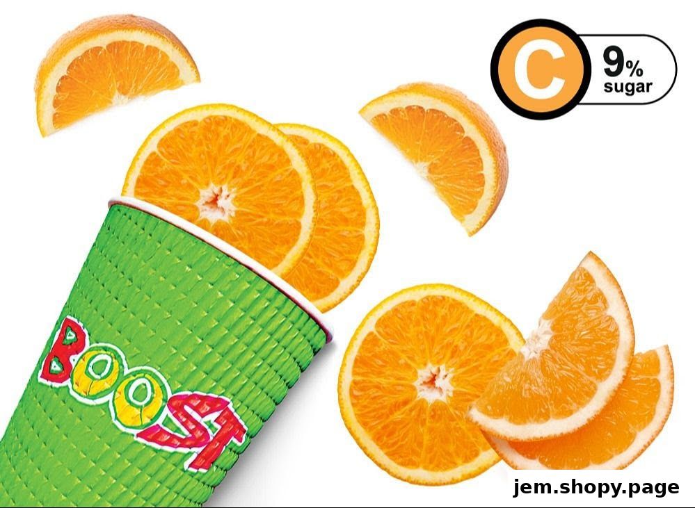 A green Boost Juice cup with oranges and a 'C 9% sugar' label.