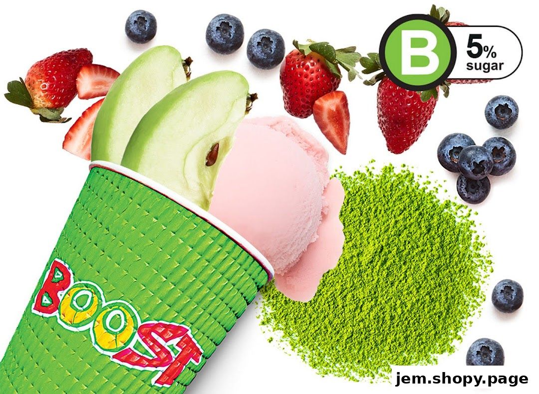 A Boost Juice cup with strawberries, apples, blueberries, and matcha powder.
