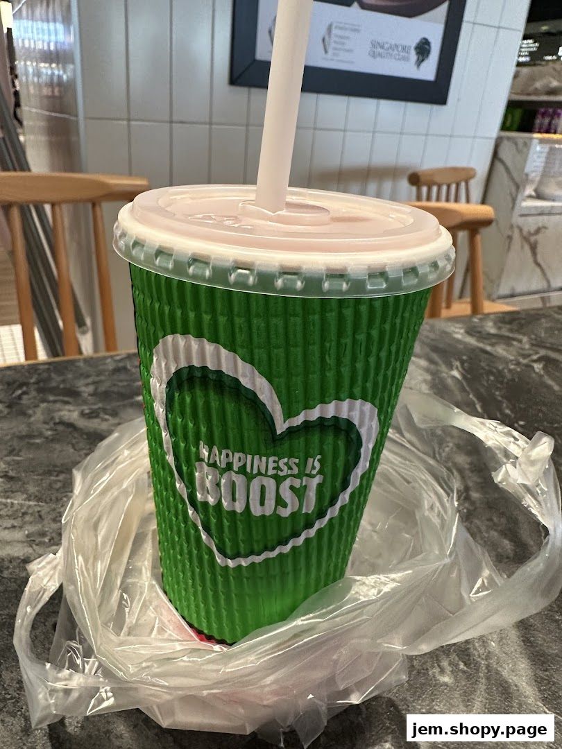 A green Boost Juice cup with a straw sits in a plastic bag on a table.
