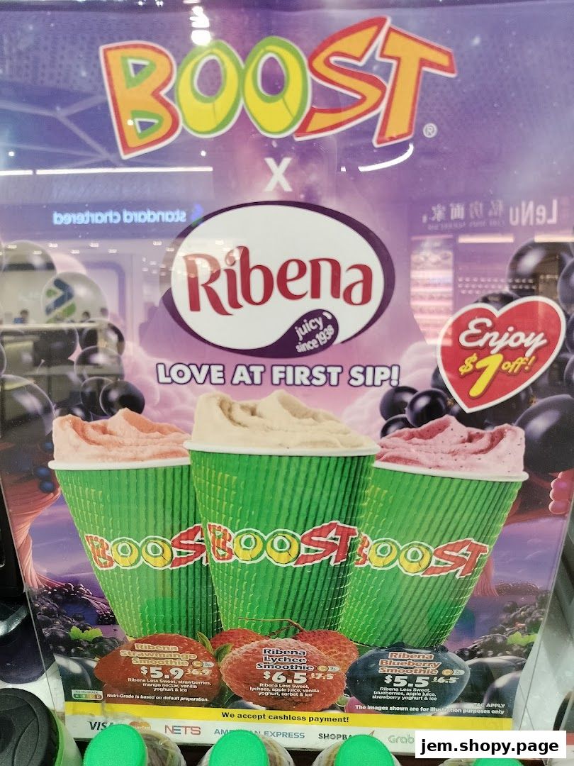 A promotional display for Boost Juice featuring Ribena smoothies with prices and ingredients.