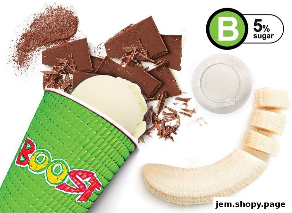 A Boost Juice cup with ice cream, chocolate, and banana slices, highlighting low sugar content.