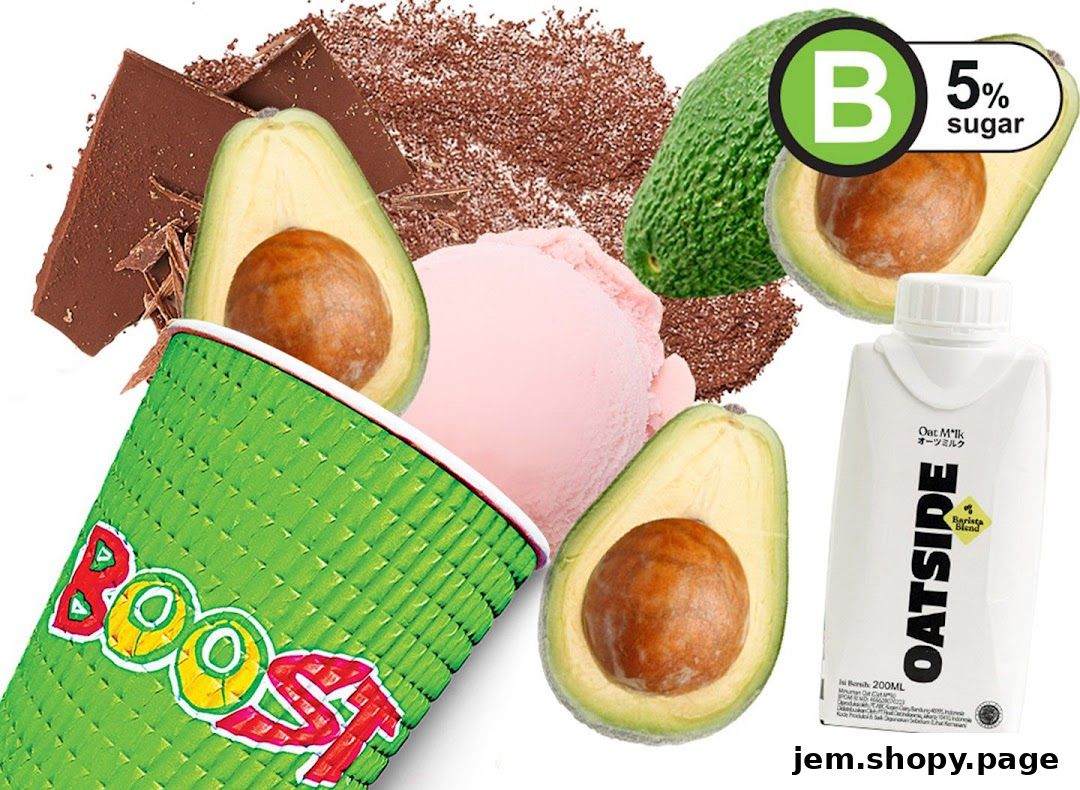 A vibrant composition of fresh avocados, chocolate, ice cream, and a Boost Juice cup.
