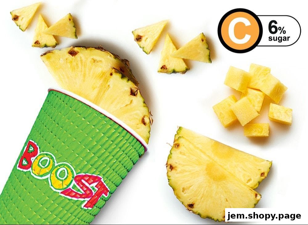 A Boost Juice cup with pineapple slices and chunks, highlighting 6% sugar content.