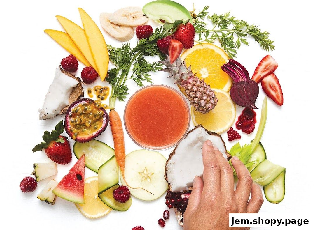 A vibrant arrangement of fresh fruits, vegetables, and a glass of juice.
