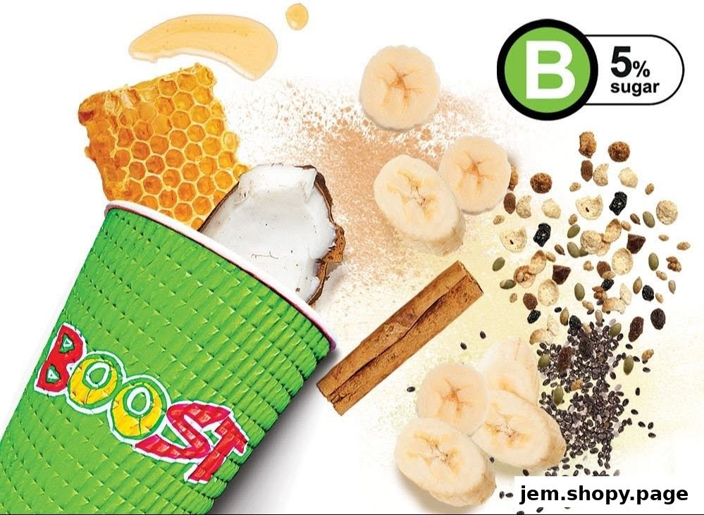A Boost Juice cup with ingredients like banana, coconut, honey, and seeds.