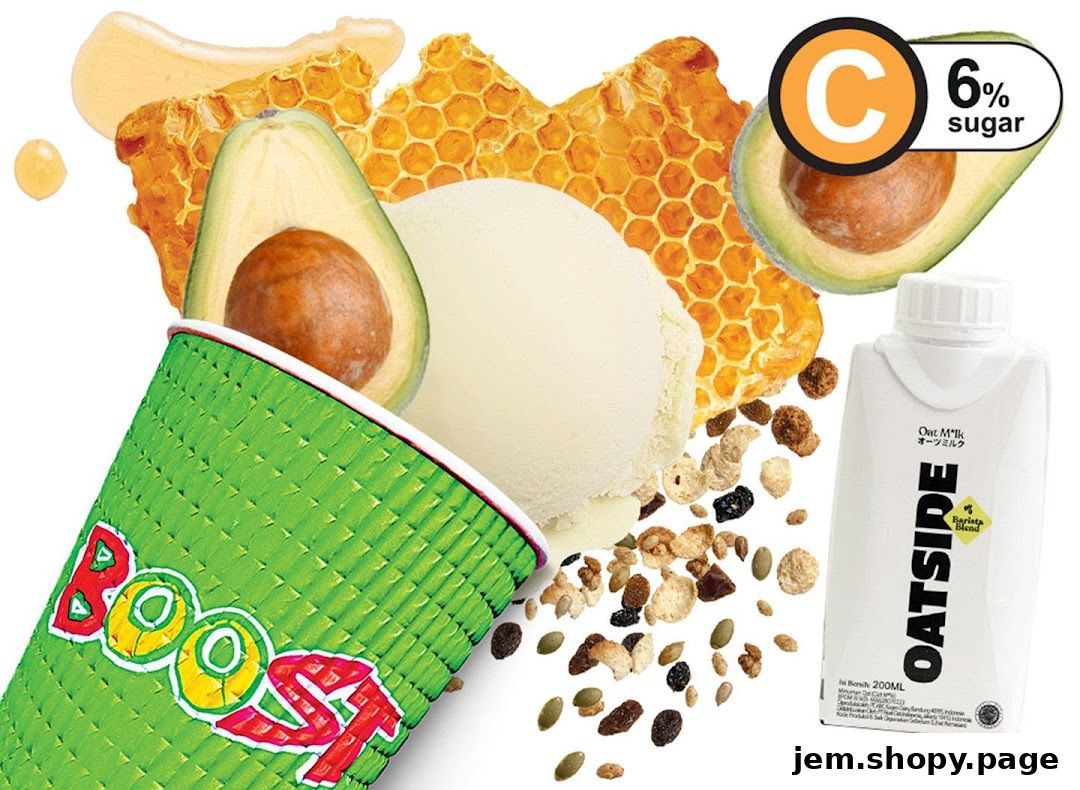 A Boost Juice cup with avocado, honeycomb, ice cream, and cereal.