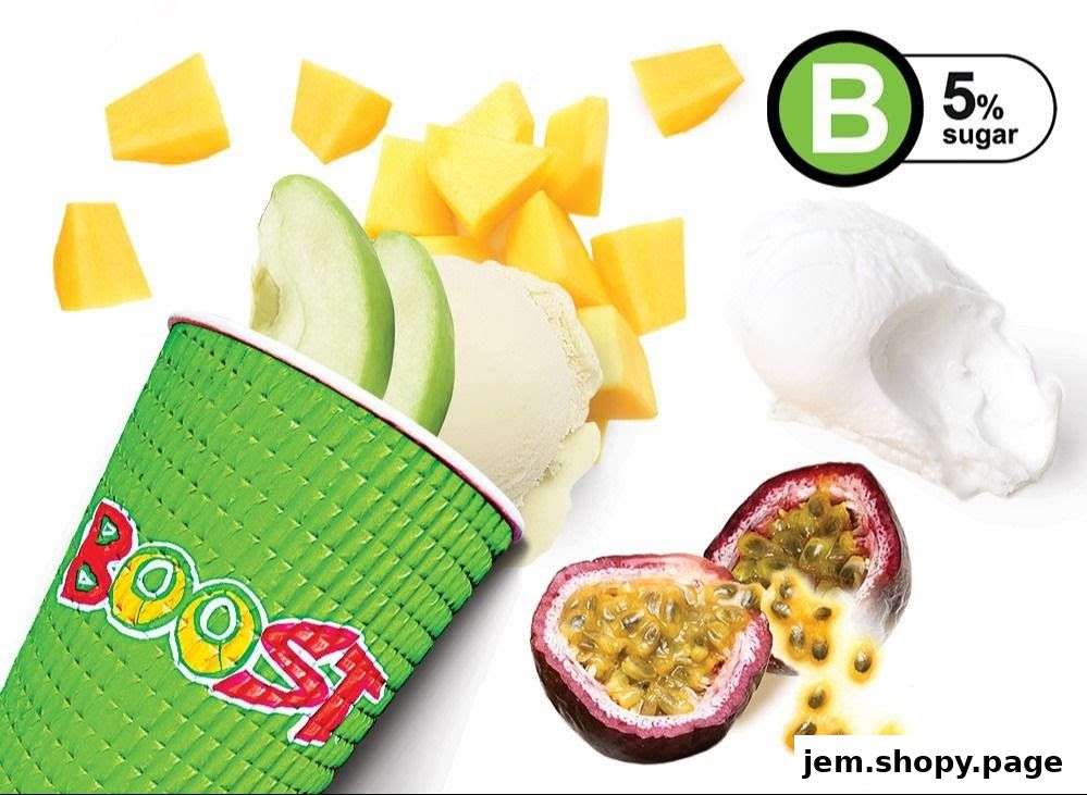 A Boost Juice cup with fruit, ice cream, and passionfruit.