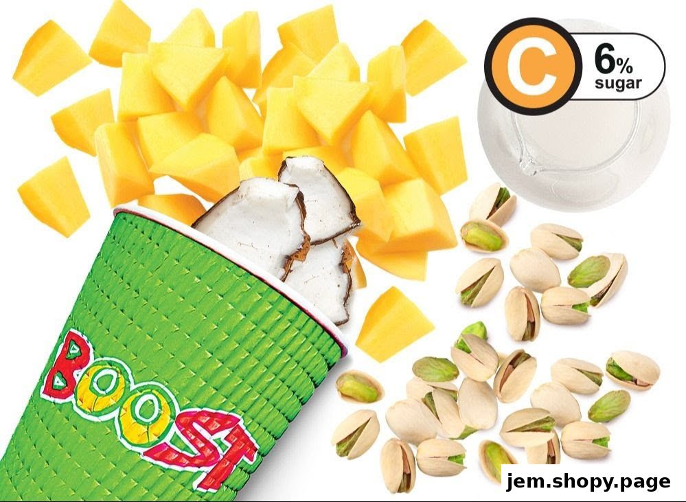 A Boost Juice cup with mango, coconut, pistachios, and a 6% sugar label.